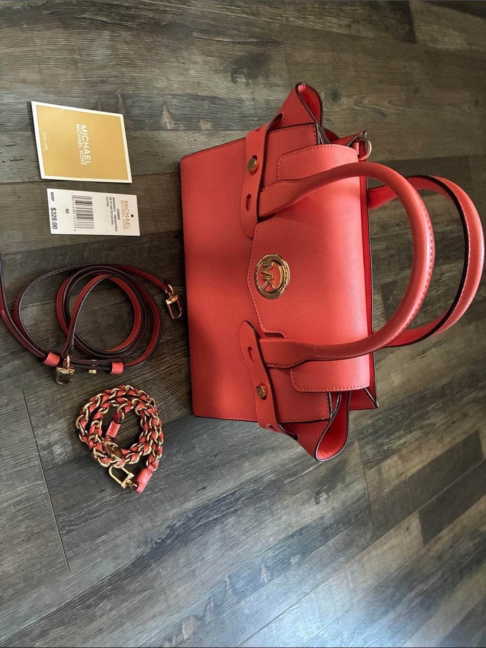 Michael Kors Coral-Red Saffiano Leather Satchel with Gold Hardware. W/tag